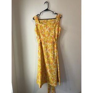 Vintage 60 Tie Back Dress Orange Yellow Floral Handmade Sweetheart Neckline Midi